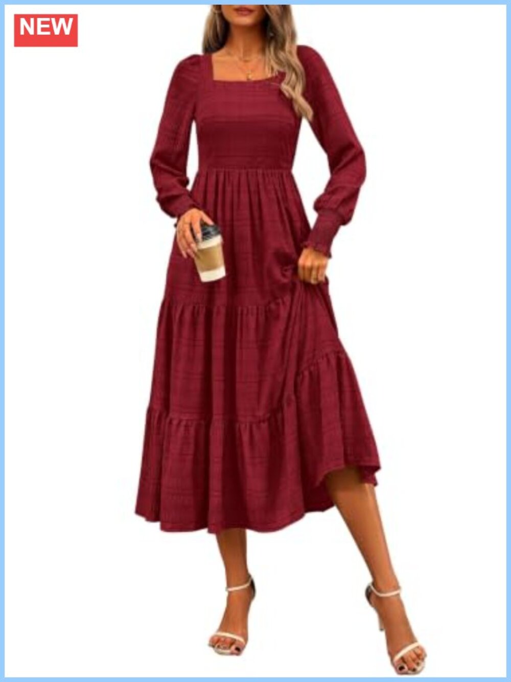 Puff Long Sleeve Square Neck Smocked A-Line Maxi Dress